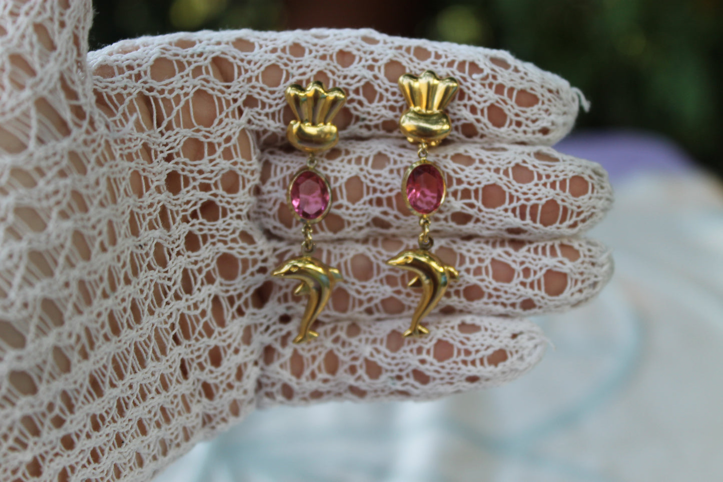 Custodi del Mare Interiore - Vintage silver earrings with dolphin and pink tourmaline