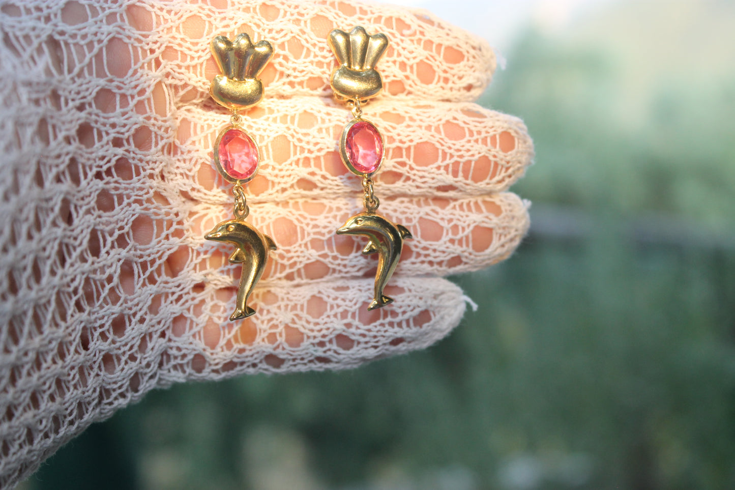 Custodi del Mare Interiore - Vintage silver earrings with dolphin and pink tourmaline