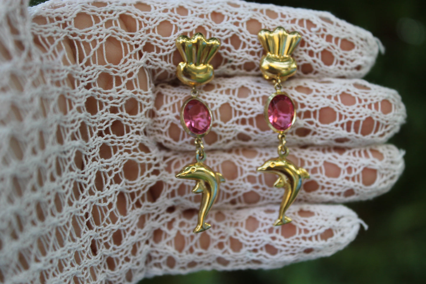 Custodi del Mare Interiore - Vintage silver earrings with dolphin and pink tourmaline