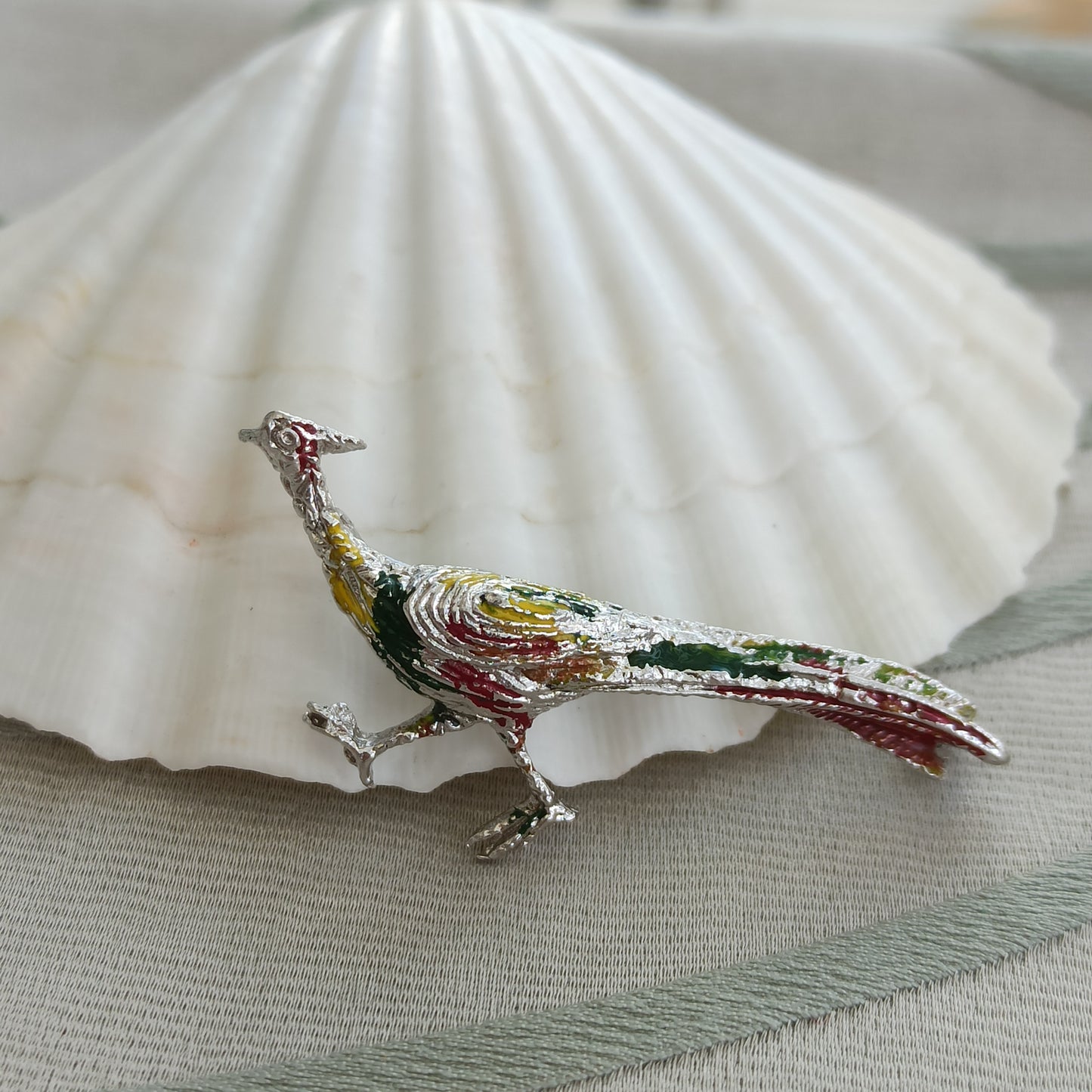 Vintage 800 Silver Enamel Pheasant Brooch - Sigillo del Bosco