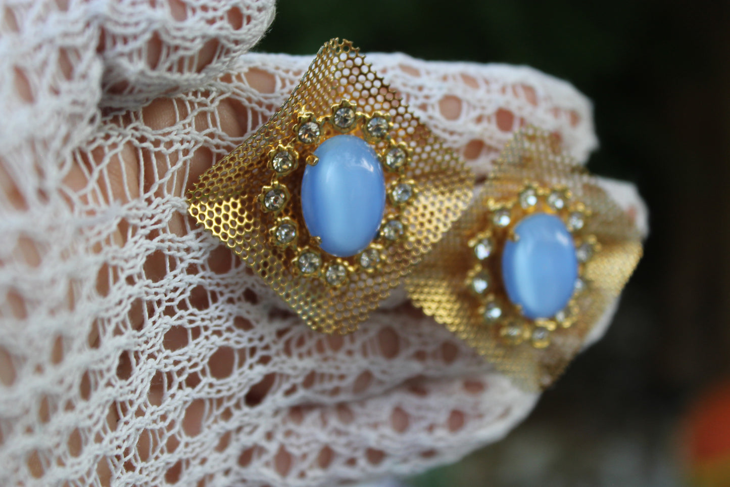 Reticolo di Luce - Vintage 1960s gold-tone metal earrings with light blue cabochon
