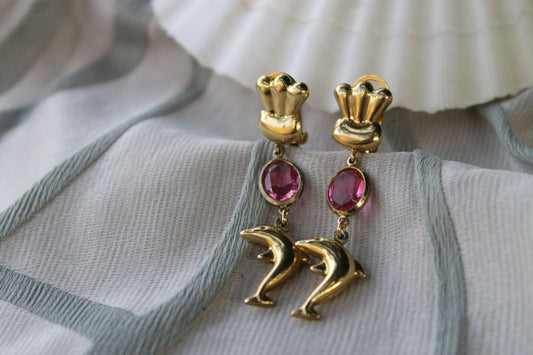 Custodi del Mare Interiore - Vintage silver earrings with dolphin and pink tourmaline