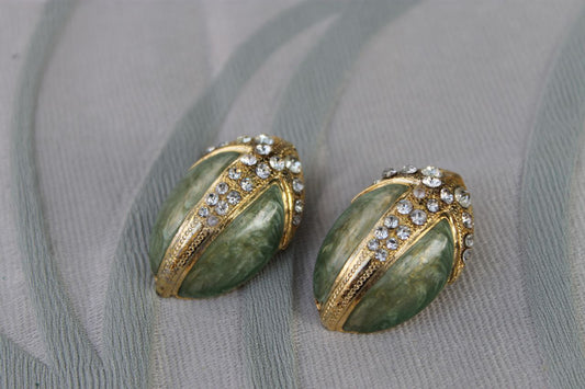 Custodi di Giada - Vintage Gold-Plated Earrings with Green Enamel and Rhinestones